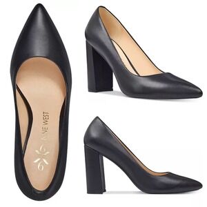Nine West Women's Leather Astoria 9x9 3.5" Block Heel Dress Pumps Size 8.5 Black